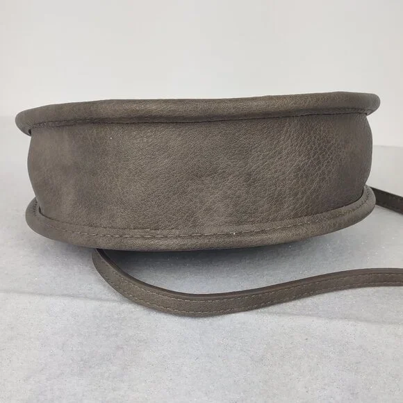 Antik Kraft Round Crossbody Bag Gray Brown Faux Leather Braided Handle - Picture 4 of 14